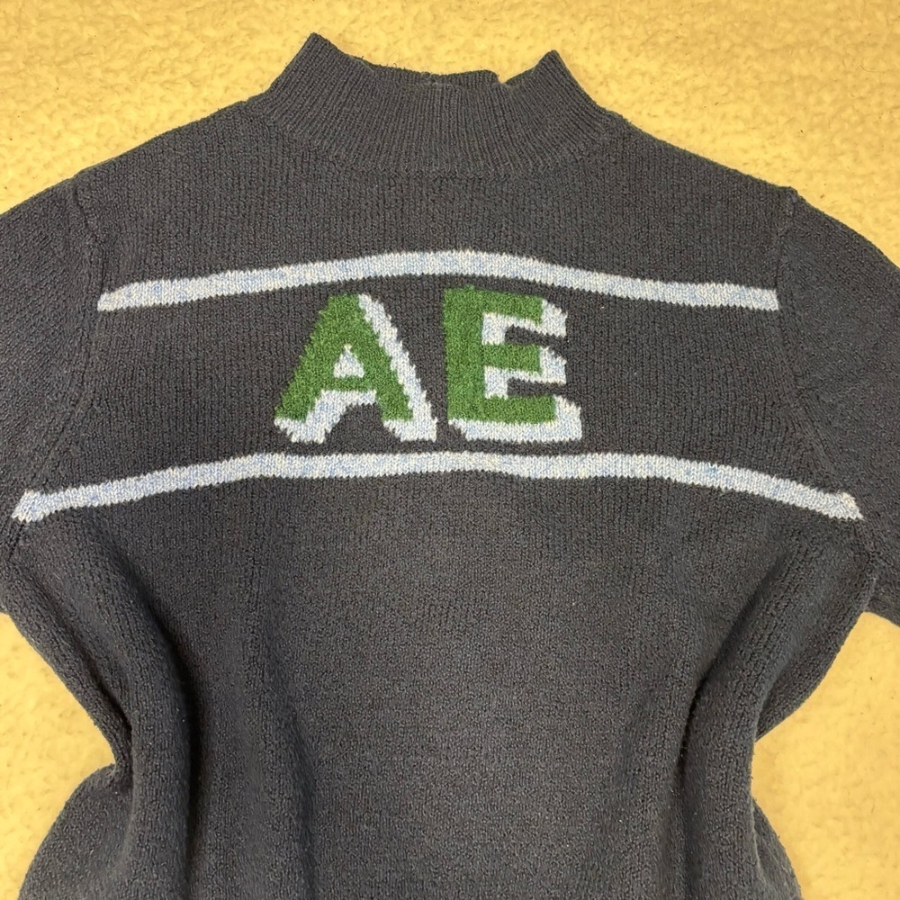 American Eagle Women Blue Logo Knit Mock Neck Sweater - Picture 4 of 12